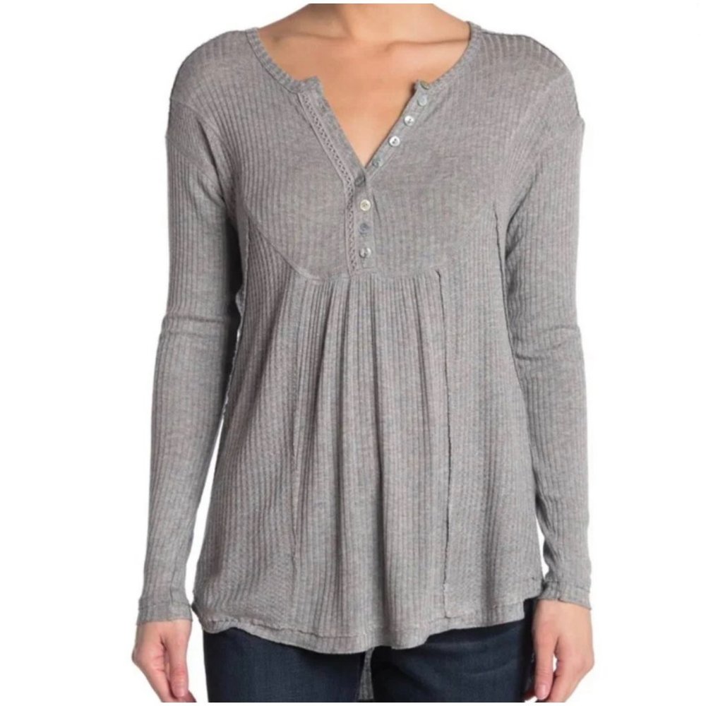 Sweet Romeo Light Heather Grey Waffle Knit Long Sleeve Top NEW